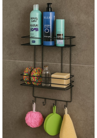 Sas Haus 2 Katlı Siyah Kancalı Banyo Duş Rafı, Şampuanlık, Lif/kese Askılı, Paslanmaz Metal, Banyo Düzenleyici - Tş-02 Siyah