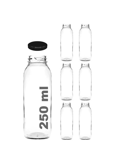 6 Adet 250 Ml Beslenme Şeffaf Meyve Suyu, Meşrubat, Limonata Şişesi Metal Kapaklı 250 Cc Şişe Siyah 0