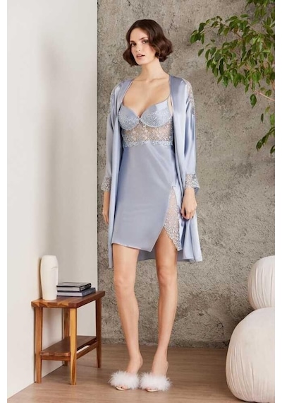 Pierre Cardin Saten Gecelik Sabahlık Pijama Takım Şort Takım 6'lı Gelin Çeyiz Seti Royal 001