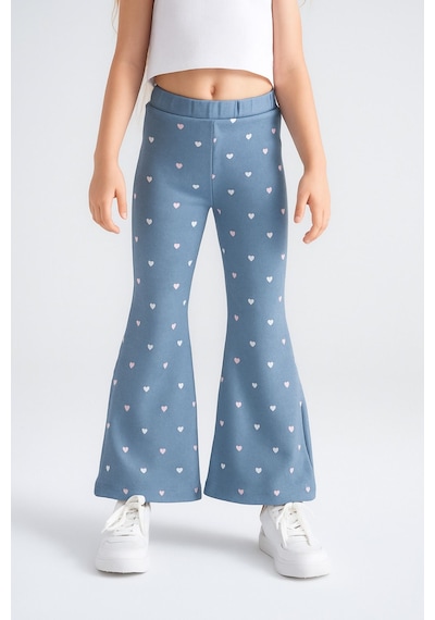 Kız Çocuk Taytı Pamuklu Esnek Kalp Baskılı Mavi Denim Mavi