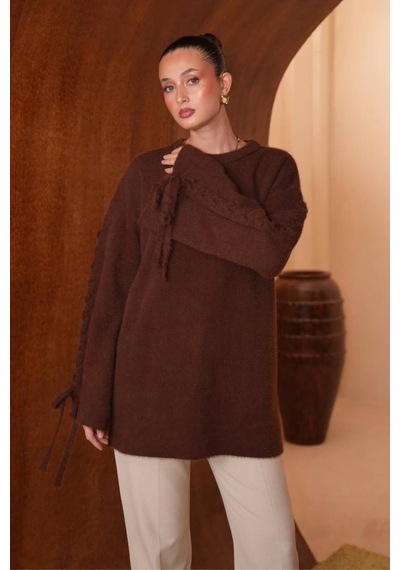 Balenbi Kadın Bisiklet Yaka Kol Detaylı Bağcıklı Oversize Sakallı Triko Tunik 8426 - Premium Seri Kahverengi Balenbi Kadın Bisiklet Yaka Kol Detaylı Bağcıklı Oversize Sakallı Triko Tunik 8426 - Premium Seri Kahverengi