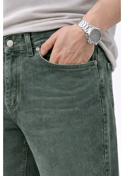 Erkek Baggy Fit Yıkamalı Yeşil Kot Pantolon Rahat Kesim Denim Hakiyıkamalı