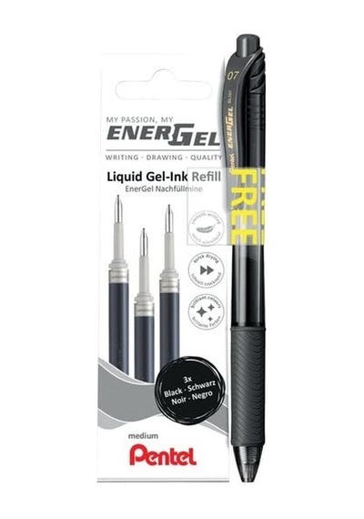 Pentel Energel Mekanizmalı Likit Roller Kalem + 3 Adet Yedek - Siyah Siyah