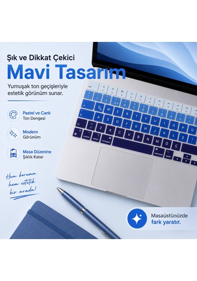 Macbook Pro 14.2 İnç M1 M2 M3 M4 M5 A2442 A2992 Uyumlu Türkçe Q Klavye Koruyucu Mavi Ombre Silikon Diğer