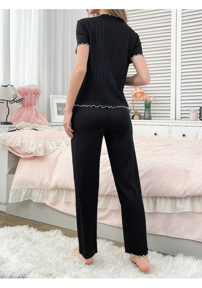 Bella Notte Pamuklu Siyah Fitilli Mevsimlik Kadın Pijama Takımı