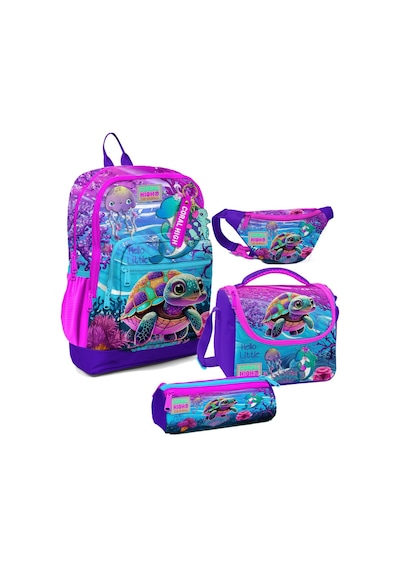 Coral High Kız Çocuk Pembe Mor Kaplumbağa Desenli İlkokul Okul Çanta Seti Ve Bel Çantası
