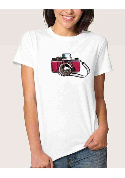 Watercolor Camera Kadın Beyaz Tshirt (534311921)
