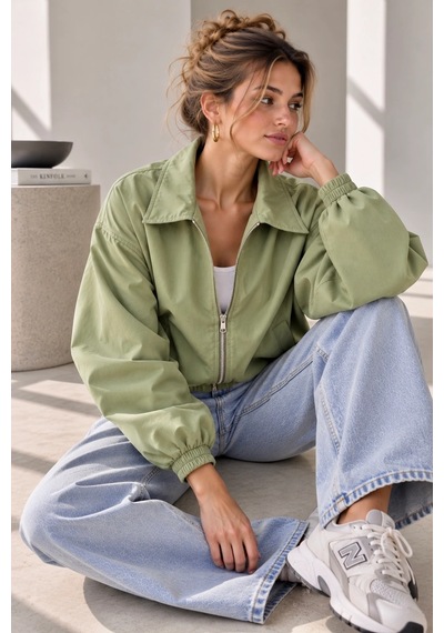 Bb Butik Basic Mevsimlik Fermuarlı Bomber Ceket Oversize Rahat Kalıp Fs3434 Mint