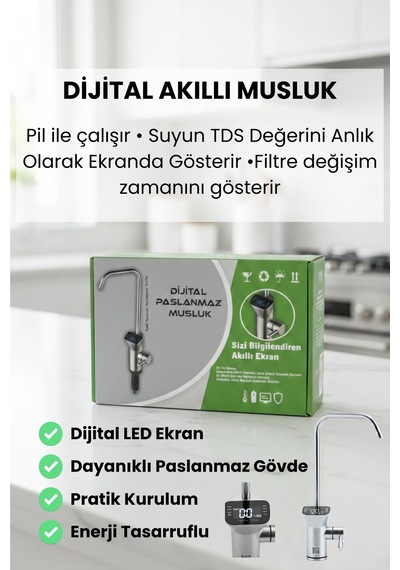 Dijital Led Ekranlı Mutfak Musluğu - Sıcaklık Göstergeli Paslanmaz Çelik Lavabo Bataryası Gri / Krom