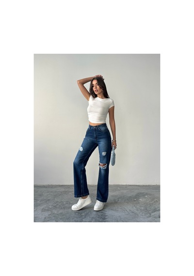 Blue Marlin Kadın Lazer Yırtık İşlemli Boyfriend Kot Bol Paça Pantolon Lacivert