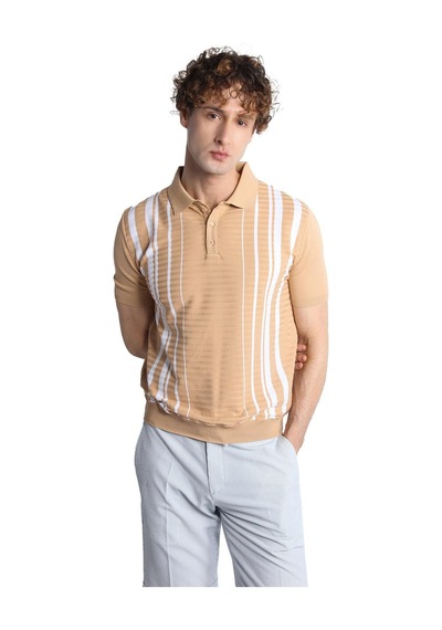 Bej Slim Fit Dar Kalıp Düğmeli Polo Yaka Desenli Kısa Kollu Triko Tişört-16314 Bej