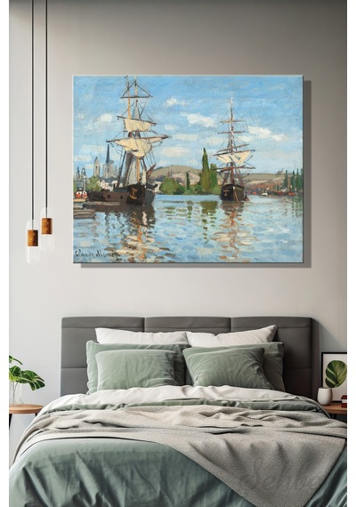 Yatay Kanvas Tablo Tekli Salon Mutfak Ofis Claude Monet Ships Riding On The Seine At Rouen