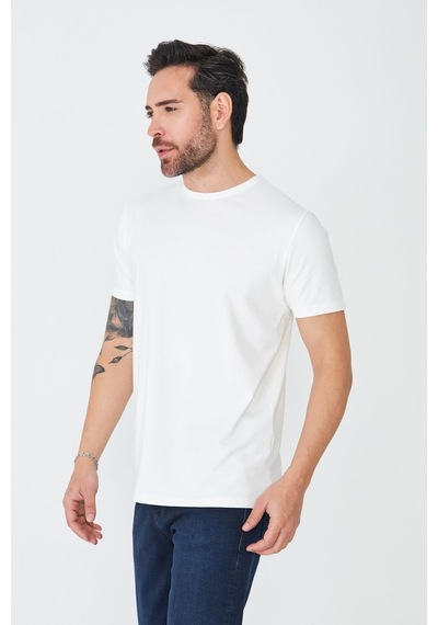 Beyaz Bisiklet Yaka Basic T-shirt Ekru