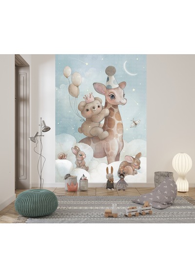 Zürafaya Binmiş Ayı Çocuk Odası Poster Duvar Kağıdı Renkli