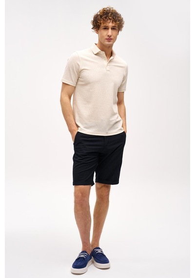 Bej Slim Fit Dar Kalıp Fermuarlı Polo Yaka Düz Kısa Kollu Tişört-16404 Bej