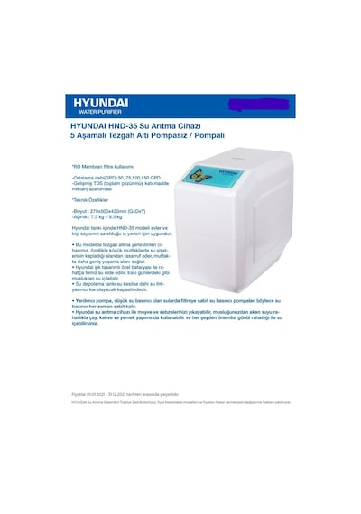 Hyundaı Su Arıtma Cihazı Hnd 35Hyundai’Nın Tankı içinde Hnd 35