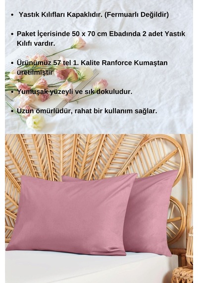 Gül Kurusu Renkli Pamuklu Ranforce Kumaştan Yastık Kılıfı 2 Adet