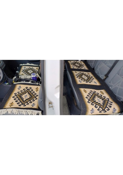 Reversible Oto Koltuk Kilim Seti 3 Parça Makine Dokuma Akrilik & Polyester Saçaklı - Siyah