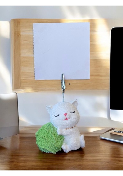Yeşil Yumak Tutan Oturan Kawaii Kedi Temalı Not Tutacağı Fotoğraf Tutacak Tutucu Ofis Seti Hediyelik Yeşil