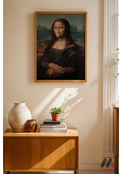 Mona Lisa Maskeli Parodi, Ahşap Çerçeveli Duvar Tablosu - Modern Ev Dekorasyonu