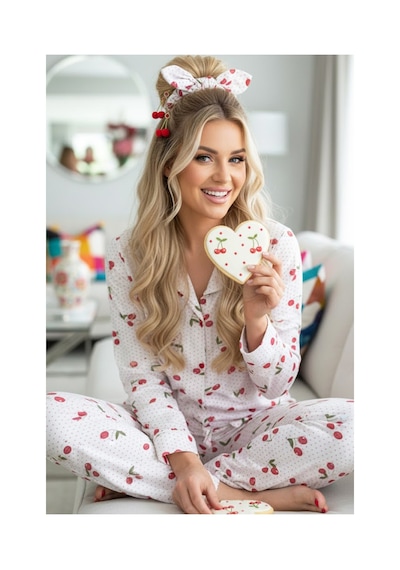 Siyah İnci Mevsimlik İnce Düğmeli Örme Pijama Takım 7978 Kiraz Desen