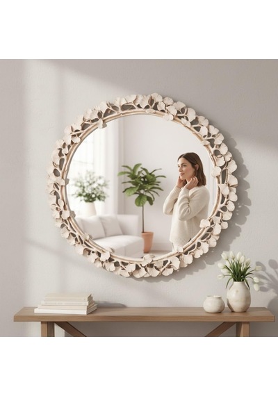 Dekoratif Duvar Aynası Yuvarlak Modern Çiçek Desenli Çerçeve, 43 Cm, Salon Antre Banyo İçin Şık Ayna İnci Diğer