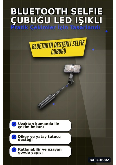 Bluetooth Selfie Çubuğu Led Işıklı Katlanabilir 130 Cm Uzaktan Kumandalı Bx-316002 diğer