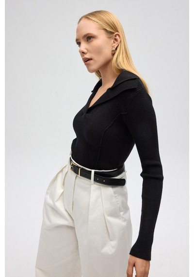 Mai Collection Mai Studios Co. İnari Polo Yaka Siyah Triko Kazak Siyah