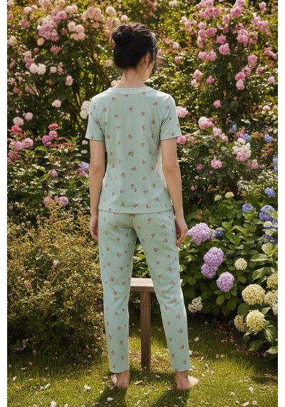 Siyah İnci Dantelli Bürümcük-krınkıl Kısa Kollu Pijama Takım 26120727 Yeşil