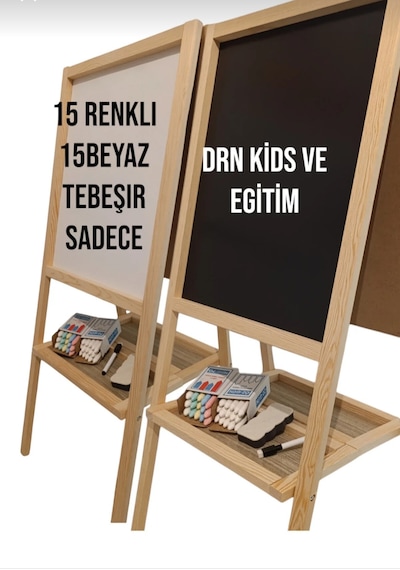 Drn Kids Ve Eğitim Çift Taraflı Yazı Tahtası 15 Renkli Tebeşir , 15 Beyaz Tebeşir Silgi Ve Kalem Hediyesidir Ahşap