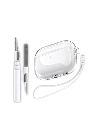 Pro 2. Nesil Uyumlu Şeffaf Premium Kulaklık Kılıfı, Beyaz Silikon Kulaklık İpi Ve 3'ü 1 Arada Bluetooth Kulaklık Temizleme Kalemi Seti Şeffaf - Beyaz