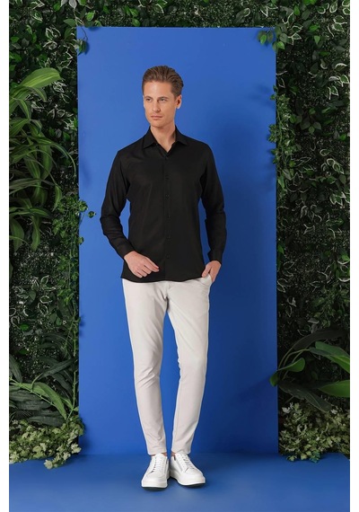 Efor Gk 719 Slim Fit Dokulu Pamuklu Klasik Siyah Gömlek Siyah