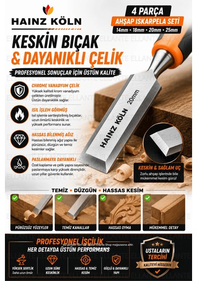 4 Parça Ahşap Iskarpela Seti 14-18-20-25 Mm Krom Vanadyum Çelik Ergonomik Kaymaz Sap Profesyonel Mar