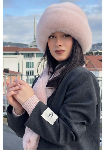 Mollycrush Peluş Bucket Kalpak Atkı Eldiven 3'lü Set Kadın Kışlık Suni Kürk Pembe 3'lü Takım Pembe