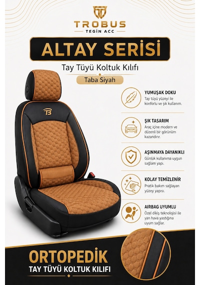 Mercedes E 2013 Ve Sonrası Uyumlu Altay Bel Destekli Tay Tüyü Taba Siyah Koltuk Kılıfı Taba Siyah