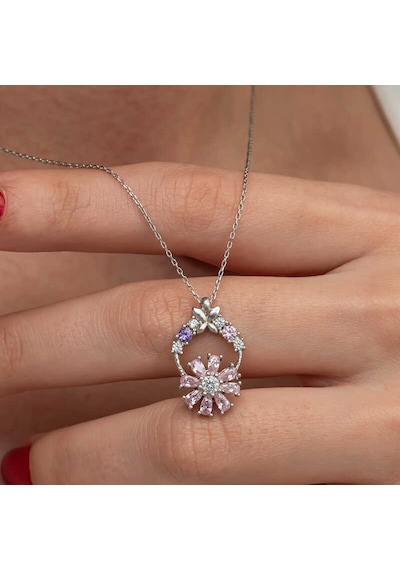 Gümüş Pembe Dönen Çiçek Kadın Kolye Çok Renkli