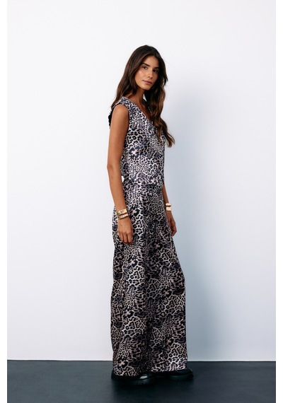 Sateen Leopar Desenli Saten Pantolon - Gri-135185 Gri