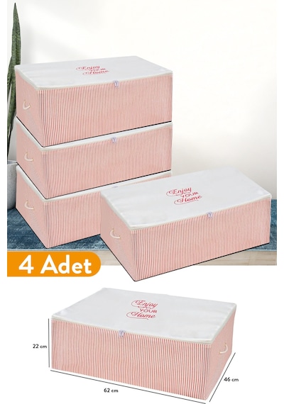 Serstil 4 Adet - Büyük Boy Baza Altı Pembe Çizgili Hurç 62 X 46 X 22 Cm