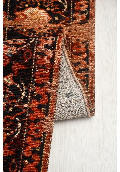 Narvi Nostaljik Kilim Saçaklı Robot Süpürge Uyumlu Oturma Odası Salon Kolay Temizlenebilir Pamuk Akrilik Hali Kiremit - Siyah