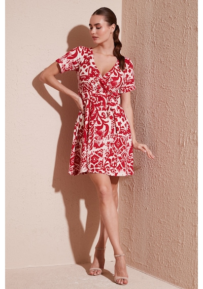 Lela Desenli Kruvaze Yaka Regular Fit Bayan Elbise 5865723 Bordo