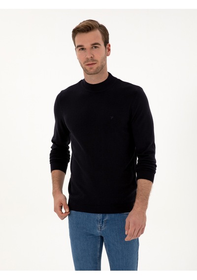 Cacharel Lacivert Slim Fit Pamuk Karışımlı Çeyrek Balıkçı Yaka Basic Triko Kazak