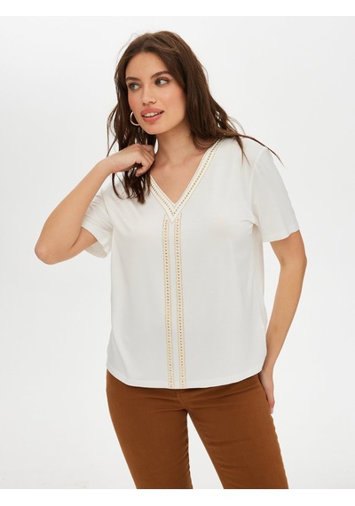 Faik Sönmez Gold Trok Taş Detaylı V Yaka Kısa Kol T-shirt S25tsh069 Us25tsh06973 Ekru