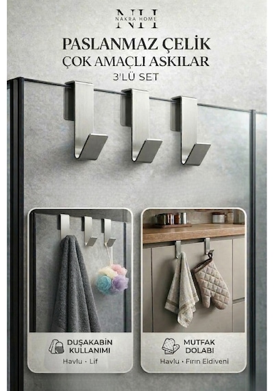 3 Adet Paslanmaz Çelik Duşakabin Askısı Ve Mutfak Dolabı Üstü Kanca Askılık Inox