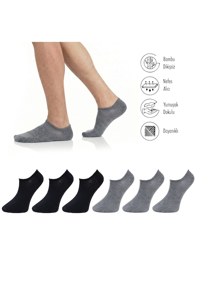 Lion Monroe Saf Bambu Erkek Sneaker Siyah - Gri Çorap Dikişsiz Görünmez Bilekte Spor Çorap Premium 6'lı L5952aznb Softaura