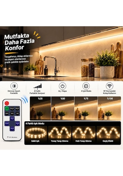 Şerit Led Kumandalı Dimmerli 5 Metre Mutfak Dolabı Tezgah Altı Aydınlatma Led Işık Sb-6557 Gün Işığı