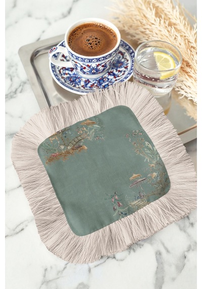Çin Bahçesi Motifli Püsküllü Sunum Peçetesi - Pastel Yeşil Bohem Krem Püsküllü Bardak Altlığı Mendil Çok Renkli