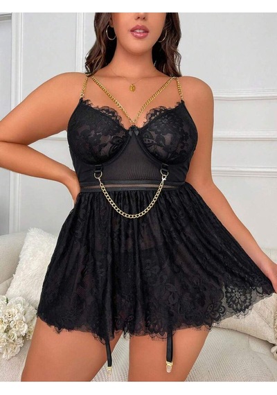 New Dreams Modern Şık Elegant Tasarım Dikkat Çekici Dantelli Siyah Etekli Jartiyer Gecelik Siyah