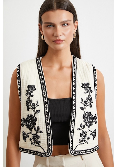 Never More Nakışlı Oversize Yelek Krem Krem