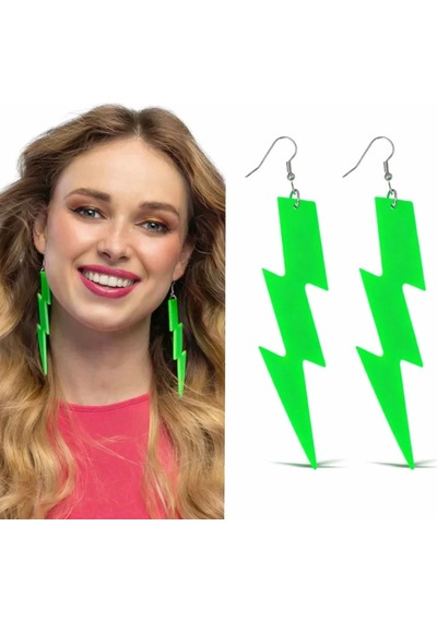 80 Ler 9039lar Retro Neon Yeşil Şimşek Küpe 10 Cm "