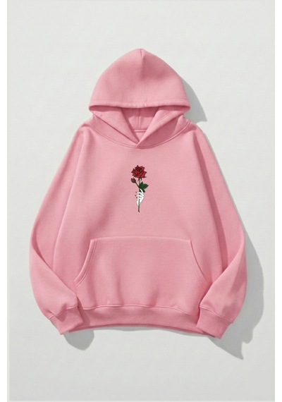 Uyguntarz Unisex Yumuşak Dokulu Gülü Seven Baskılı Tasarım Oversize 3 İplik Hoodie Sweatshirt Pembe